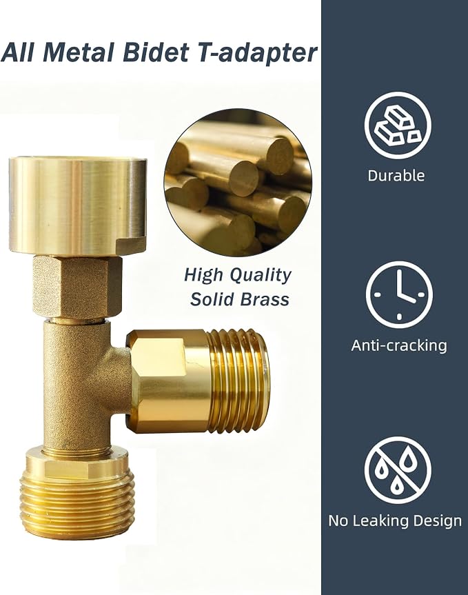 Universal Bidet T Adapter for Any Brand Bidet Hose, All-in-One Solution fit Toilet Tank Inlet or Angle Valve Outlet, 3/8"-7/8"-1/2", Brass Made