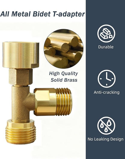 Universal Bidet T Adapter for Any Brand Bidet Hose, All-in-One Solution fit Toilet Tank Inlet or Angle Valve Outlet, 3/8"-7/8"-1/2", Brass Made