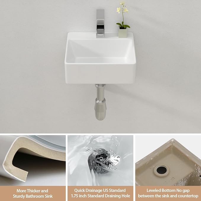 Lordear 13.6"x11.6" Floating Wall Mounted Bathroom Sink White Ceramic Glossy White Small Tiny Room Cloakroom Sinks, 13.6X11.6x4.85 Inch