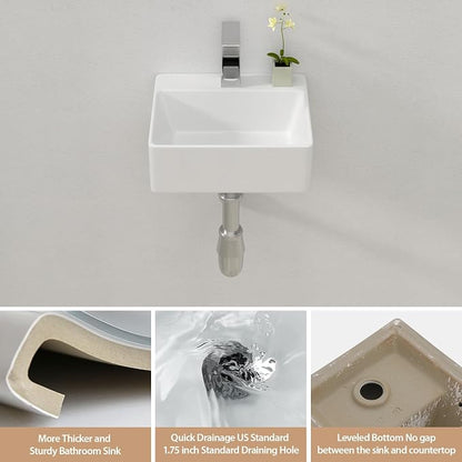 Lordear 13.6"x11.6" Floating Wall Mounted Bathroom Sink White Ceramic Glossy White Small Tiny Room Cloakroom Sinks, 13.6X11.6x4.85 Inch