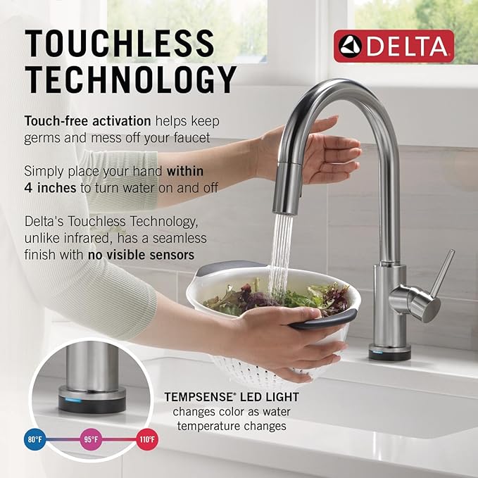 Delta Faucet Trinsic Touch Kitchen Faucet with Touchless Technology, Kitchen Faucet with Pull Down Sprayer, Brushed Nickel Kitchen Faucet, Touchless Kitchen Faucet, Arctic Stainless 9159TL-AR-DST