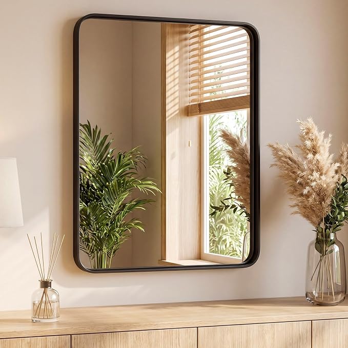 Sweetcrispy Bathroom Mirror 36x24 Inch, Vanity Mirror for Wall | Metal Framed Rounded Rectangle, Over Sink, Farmhouse, Restroom, Anti-Rust, Horizontal or Vertical Hanging, Black