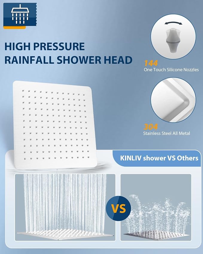 All Metal Rainfall Shower Head with Extension Arm Brushed Nickel, 12" Large Rain Square Showerhead with 16" Shower Arm All Stainless Steel, 144 Silicone Nozzles Waterfall Full Body Coverage