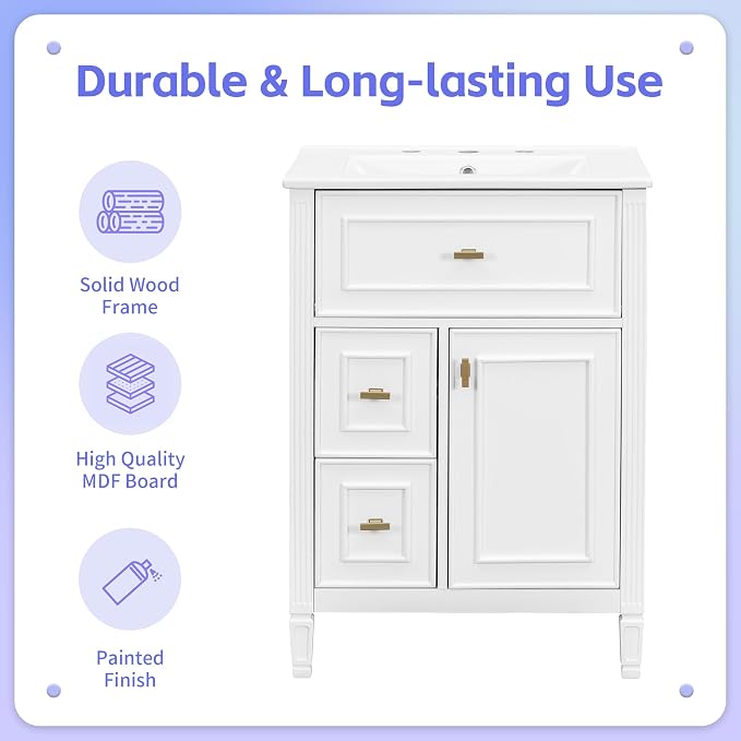 24" Modern Bathroom Vanity with Ceramic Sink, Solid Wood Frame Freestanding Storage Cabinet w/2 Drawers & Tilt-Out Drawer, Door Rack & Adjustable Shelf, Golden Metal Handles, White