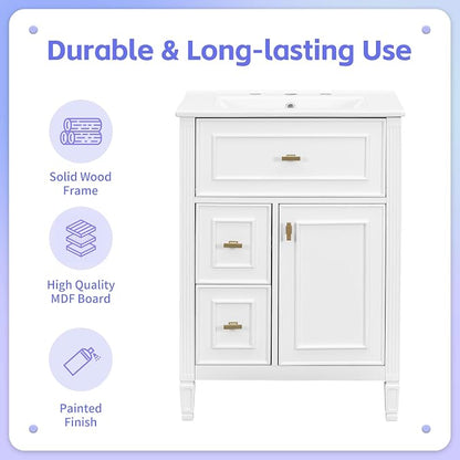 24" Modern Bathroom Vanity with Ceramic Sink, Solid Wood Frame Freestanding Storage Cabinet w/2 Drawers & Tilt-Out Drawer, Door Rack & Adjustable Shelf, Golden Metal Handles, White