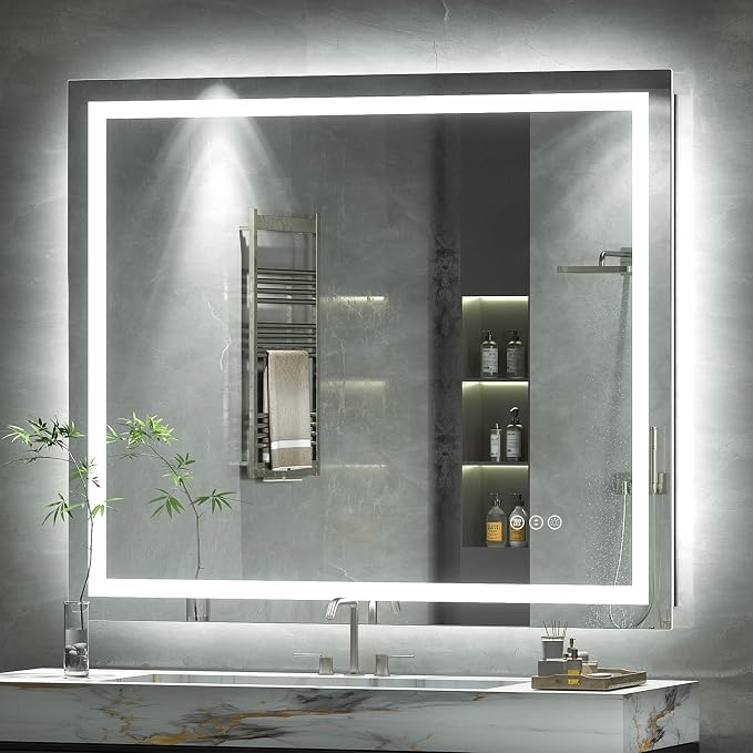 40x38 LED Lighted Bathroom Mirror for Vanity Wall | Front Light and Backlit, Anti-Fog, Memory, 3 Color, Tempered Glass, Dimmable, Rectangular, UL, Horizontal/ Vertical Mounted