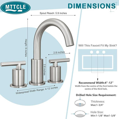 8 Inch Widespread Bathroom Faucet 3 Hole with Pop-up Drain, 2 Handle Bathroom Sink Faucet, Modern Vanity Faucet for Bathroom Sink with 360° Swivel Spout（Brushed Nickel）