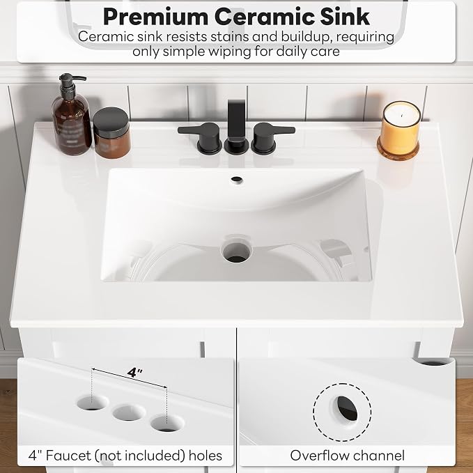 LIKIMIO 30" Bathroom Vanity with Sink, 2 Soft-Close Doors, White | Freestanding Bathroom Vanity, Integrated Ceramic Sink, Modern Bathroom Storage Cabinet for Small Bathroom, Easy Assembly