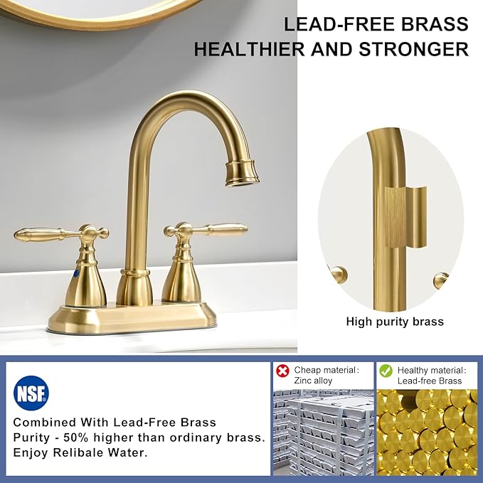 Brushed Gold Bathroom Faucet with Pop-up Drain Assembly, 2 Handles Centerset Bathroom Sink Faucet 4 Inch with 360° Swivel Spout, Stainless Steel Faucet for Vanity Sink with Water Supply Lines