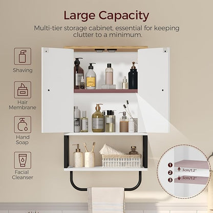 Bathroom Wall Cabinet with 2 Door and Adjustable Shelf, Medicine Cabinet with Towel Rack, 3-Tier Wall Mounted Storage Cabinet Over The Toilet for Bathroom Laundry Room, White and Natural