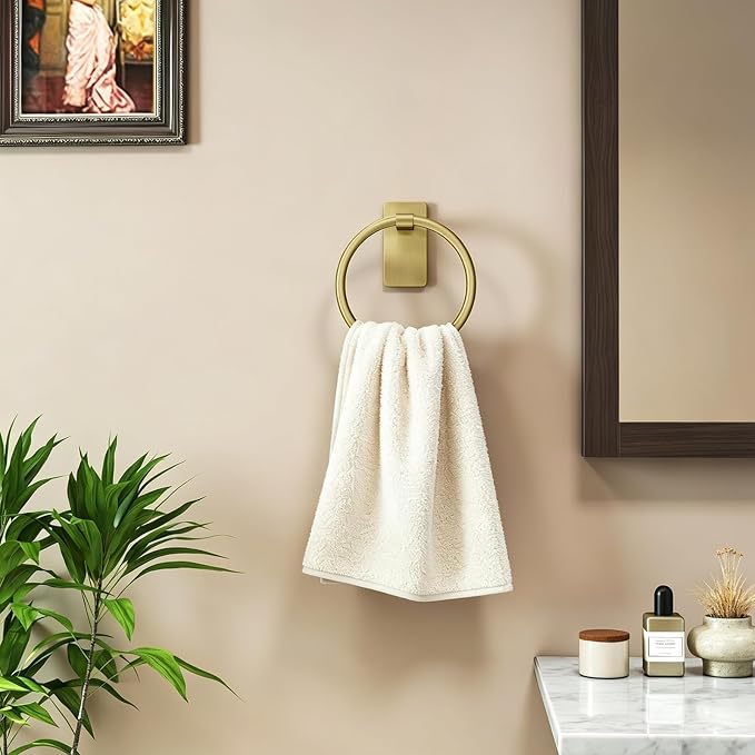 STWWO Gold Towel Ring for Bathroom, Adhesive Hand Towel Holder for Bathroom, Kitchen, No Drill | for Bath RV Kitchen, Self Adhesive Wall Mounted, No-Drill Stick On, Brushed Gold