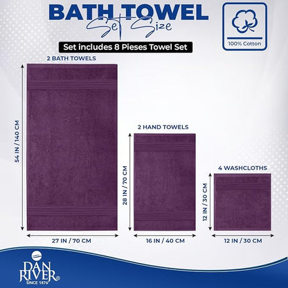 DAN RIVER 8 Piece Luxury Bath Towels for Bathroom, Towel Set, Purple | 2 Bath towels, 2 Hand towels, and 4 Wash Cloths, 600 GSM 100% Ring Spun Cotton, Highly Absorbent, Gym, Hotel, guest, and Spa