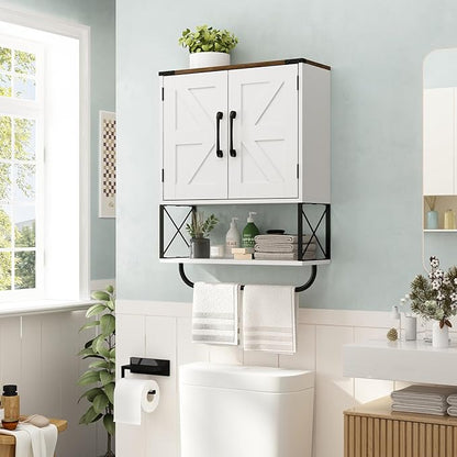 RUSTOWN Farmhouse Medicine Cabinet with 2 Barn Door & Towel Bar Rack | Boho Wood Wall Mounted Storage Cabinet with Adjustable Shelf, 3-Tier Above Toilet Cabinet for Bathroom, Laundry, Living Room