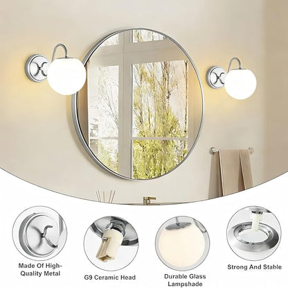 2-Pack Wall Sconce for Bathroom, Vintage Brushed Nickel Vanity Lights, Wall Mount Light Fixtures With Milk Glass Globe Shade, Indoor Wall Lights Fixture for Bedroom Living Room Mirror Hallway(G9 Incl)
