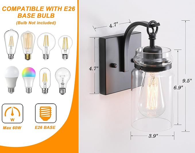Black Wall Sconces Lighting Fixtures with Clear Glass Indoor 1-Light Bathroom Wall Sconce for Bathroom Hallway Stairwell