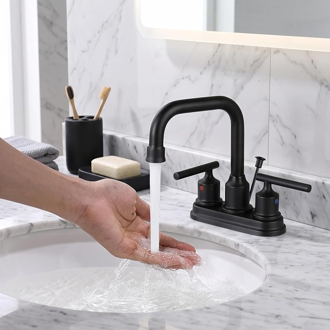 WOWOW Bathroom Faucet Black 4 inch Bathroom Sink Faucet Centerset Lift Rod Drain Stopper 2 Handle Lavatory Vanity Tap High Arc Modern