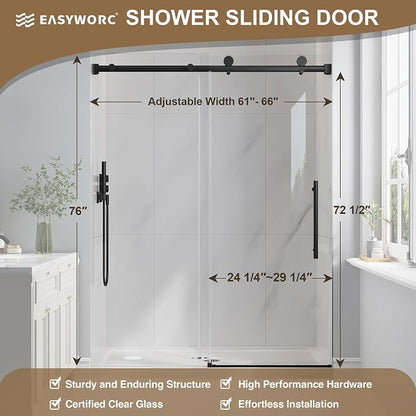 61-66" W x 76" H Frameless Sliding Shower Doors Matte Black | 1/4''(6mm) Tempered Glass,Explosion Proof Film,Nano Coating,Stainless Steel Hardware,Easy to Clean,Customizable Width
