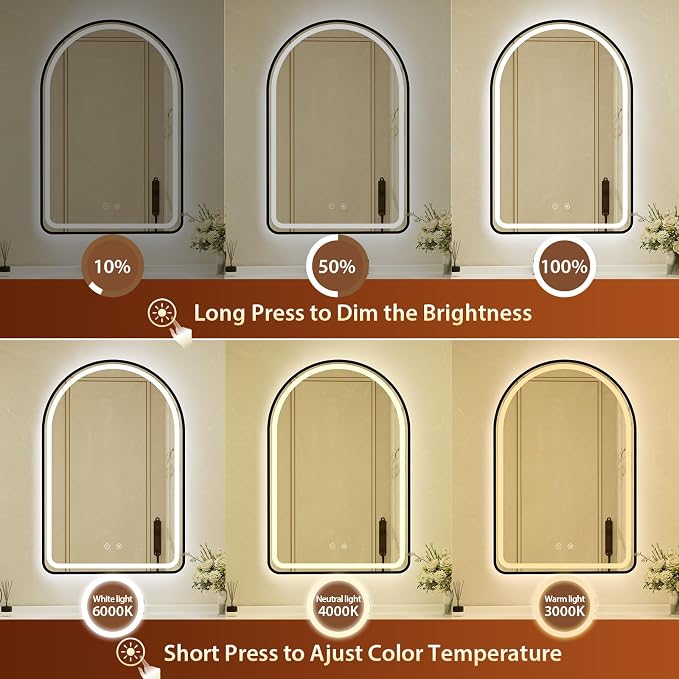 26x40 Inch Arched Black Aluminum Frame LED Bathroom Mirror with Lights, Lighted Vanity Mirror for Wall,Tempered Glass,Anti-Fog, Stepless Dimmable, 3 Color Temperature Vanity Mirror