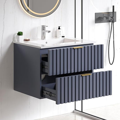 ONBRILL 24 Inch Bathroom Vanity with Sink Combo, Floating Bathroom Vanity with 2 Fluted Drawers & Metal Handle, Modern Wall Mount Storage Cabinet with Ceramic Integrated Sink for Small Space (Blue)