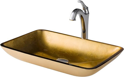 KRAUS 22-inch Rectangular Gold Glass Bathroom Vessel Sink and Arlo Faucet Combo Set with Pop-Up Drain, Chrome C-GVR-210-RE-1200CH
