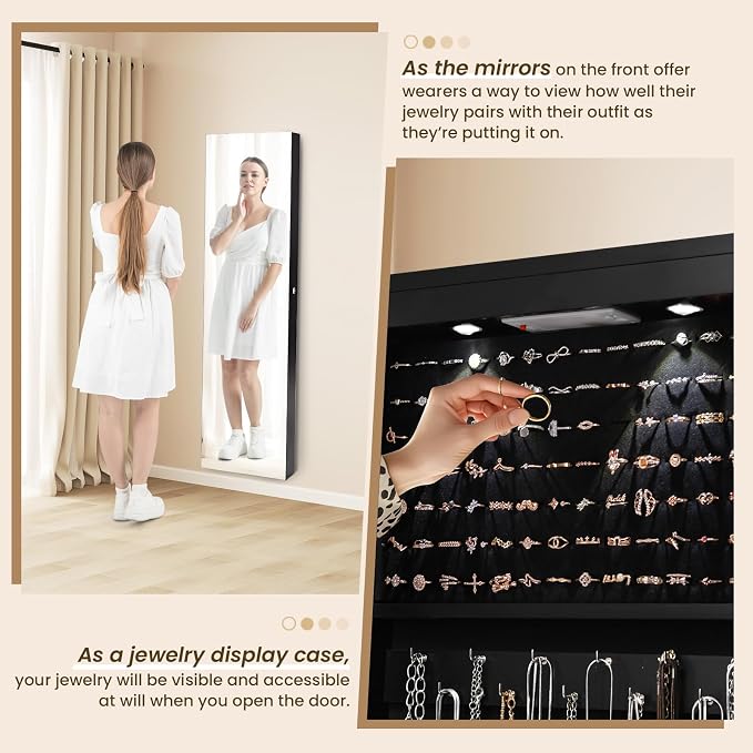 NAFORT 2 LEDs Jewelry Armoire with Full Length Mirror, 47.5" H Wall or Door Mounted Jewelry Cabinet with 2 Drawers, Lockable Jewelry Organizers and Storage, Hanging Jewelry Organizer, Black