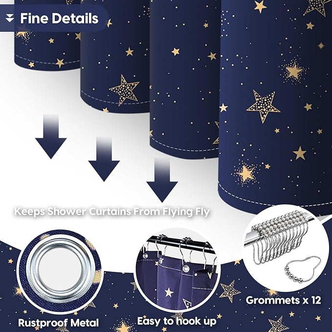 Amaredom Star Shower Curtain, Celestial Shower Curtain for Bathroom, Waterproof Fabric Shower Curtain Set, Bathroom Decoration with 12 Hooks 72x72 Inches