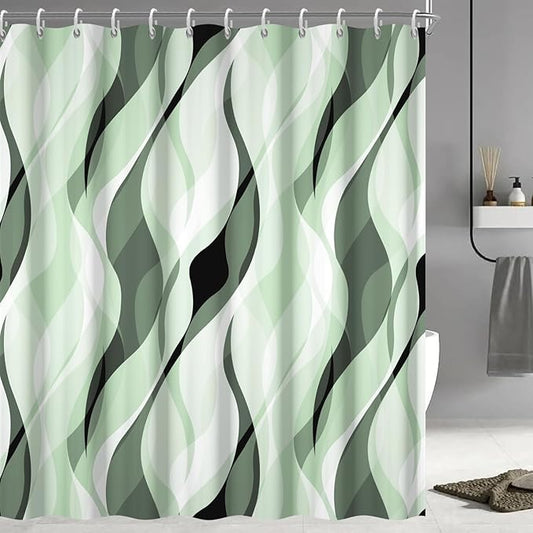 Green Shower Curtain, Modern Abstract Ombre Green Striped Shower Curtain Set for Bathroom Waterproof Polyester Shower Curtain with Hooks, 72x72 Inch