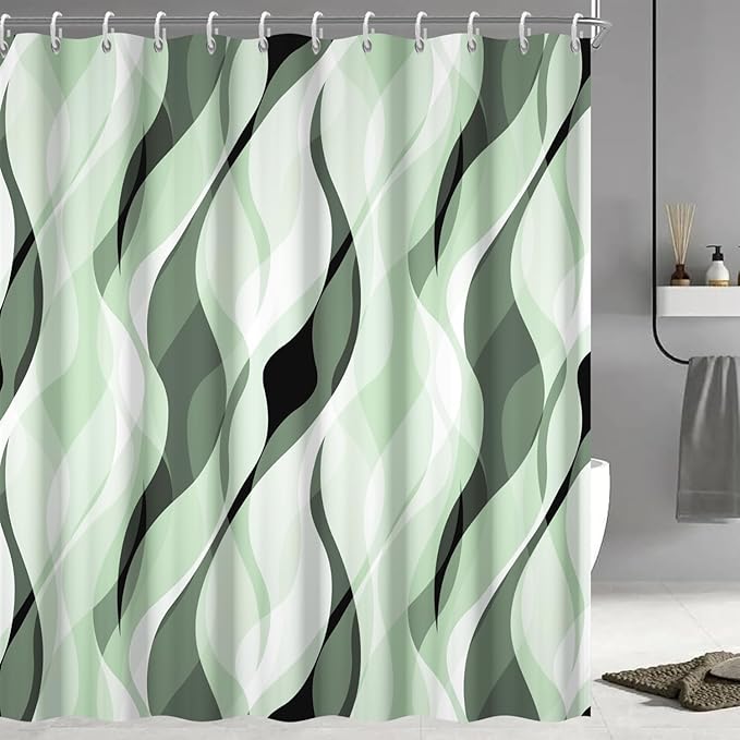 Green Shower Curtain, Modern Abstract Ombre Green Striped Shower Curtain Set for Bathroom Waterproof Polyester Shower Curtain with Hooks, 72x96 Inch