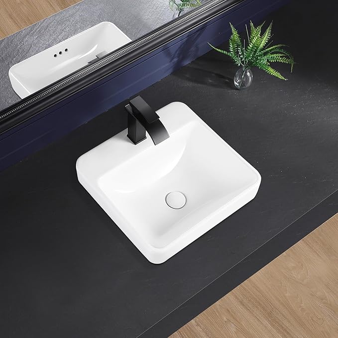 Vessel Sink 18"x18" Semi Recessed Bathroom Sink Drop-in White Bathroom Sink Porcelain Ceramic Modern Rectangular Sinks Drop-in Vanity Sinks with Overflow for Bathrooms