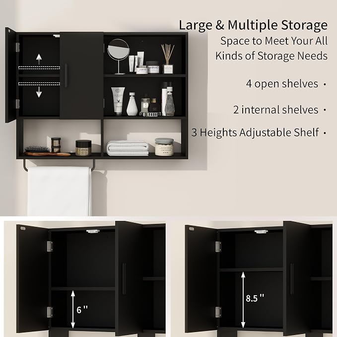 Bathroom Wall Cabinet, Medicine Cabinet, with Towel Bar & 2 Doors, Black