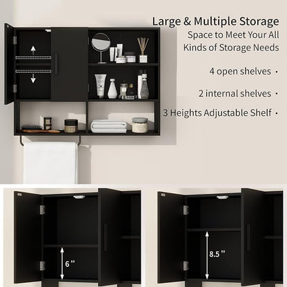 Bathroom Wall Cabinet, Medicine Cabinet, with Towel Bar & 2 Doors, Black