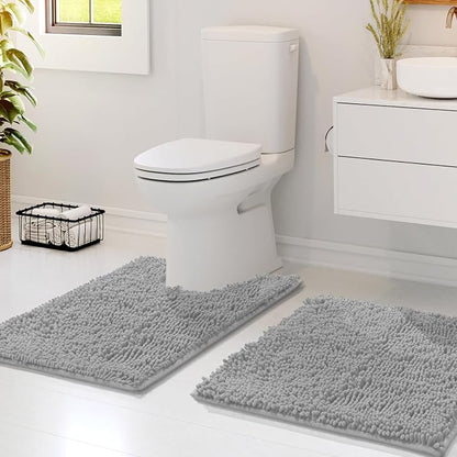 Hearth & Harbor Bathroom Rugs, Chenille Bath Mat - Machine Washable Bath Mats for Bathroom Non-Slip Backing Rubber, Quick Dry Bathroom Mat - Silver 17x24-20x24
