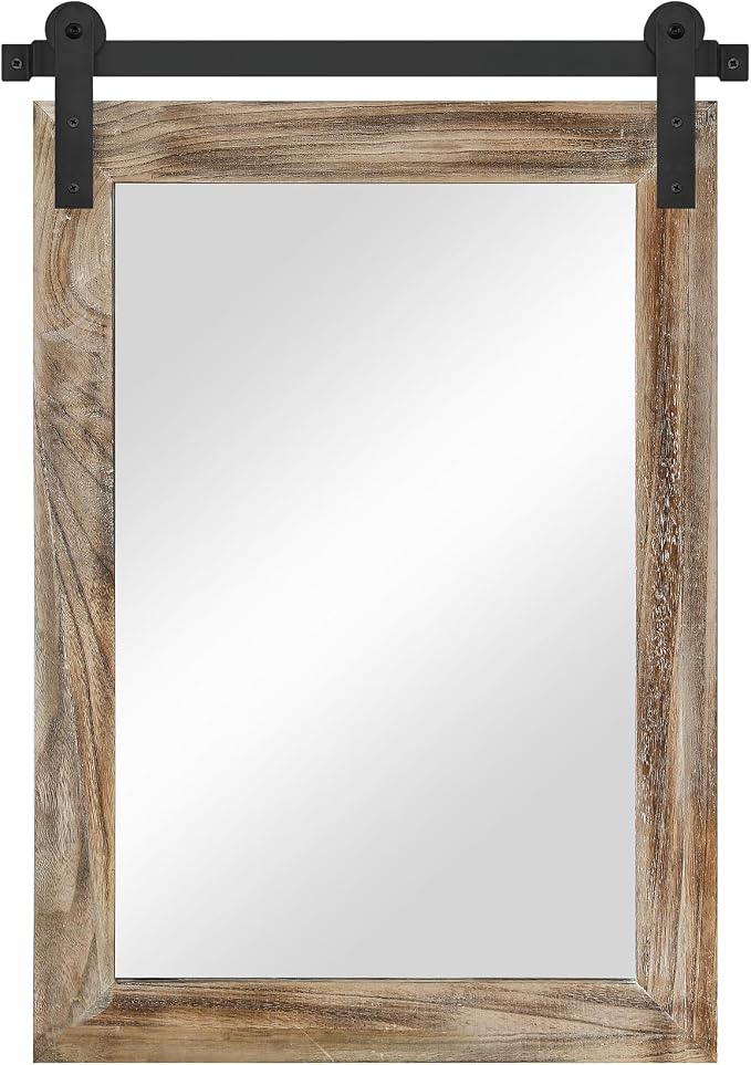 COGOOD Farmhouse Bathroom Mirrors for Over Sink - 30 x 22 Striped Brown | Rustic Barn Door Wood Framed Vanity Mirror for Entryway, Living Room, Bedroom, Dresser Wall Decor