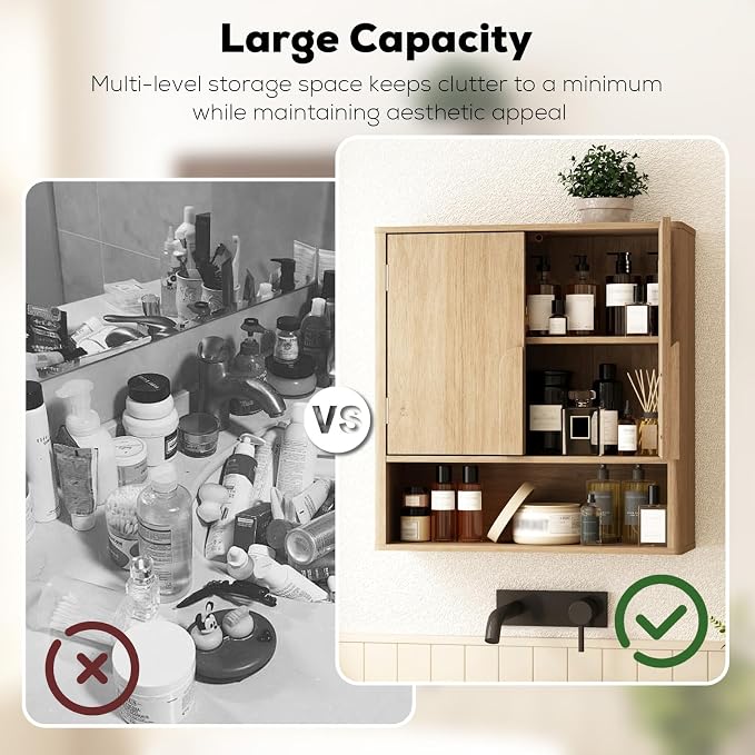 RUSTOWN Wall Mounted Bathroom Cabinets with Rounded Edges & Curved Handles | Adjustable Shelf, 3-Tier Over The Toilet Storage Cabinets, Modern Medicine Cabinet for Laundry Kitchen Living Room
