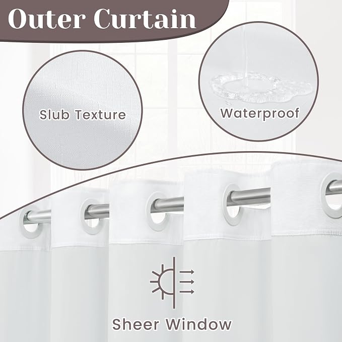 SORTTO No Hook Slub Shower Curtain with Liner, 71x86, White | Snap in Liner, 3 in 1, Bamboo Texture, Hotel Style, Waterproof Fabric, Mesh Top Window, Corner Magnets, Machine Washable