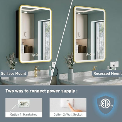 16x28 Inch Medicine Cabinet with Mirror, Recessed or Surface Mount Bathroom Medicine Cabinet with LED Lights, Anti-Fog, Memory Function, Adjustable Shelf, Dimmable Light, ETL Listed, Gold,Right Hinge