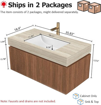 Ambrovina 36" Floating Bathroom Vanity with Sink, Modern Plywood Bathroom Storage Cabinet with Drawer and Door, Roma Travertine-Pattern Countertop, White Ceramic Basin, Pre-Assembled, Dark Oak
