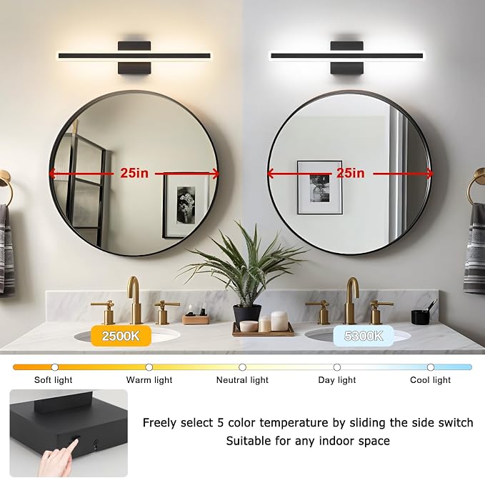 JUSHENG Black Vanity Lights for Bathroom, 24 Inch 20W 5CCT Dimmable Bathroom Light Fixtures Over Mirror, Modern LED Vanity Light Bar Above Mirror