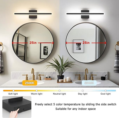 JUSHENG Black Vanity Lights for Bathroom, 24 Inch 20W 5CCT Dimmable Bathroom Light Fixtures Over Mirror, Modern LED Vanity Light Bar Above Mirror