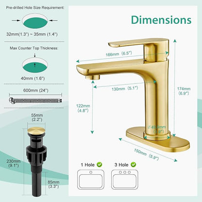 Faustina Light Gold Single Handle Bathroom Faucet, 304 Stainless Steel Vanity Faucet with Pop-Up Drain and Deck Plate for 1 or 3 Hole Sinks