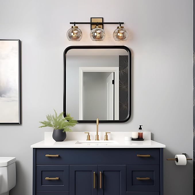 KSANA Black Gold Vanity Light, Modern 3-Light Bathroom Light Fixture with Mercury Glass Shade, Electroplating Brass 22”L Globe Vanity Lighting Over Mirror