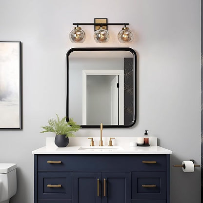 KSANA Black Gold Vanity Light, Modern 3-Light Bathroom Light Fixture with Mercury Glass Shade, Electroplating Brass 22”L Globe Vanity Lighting Over Mirror
