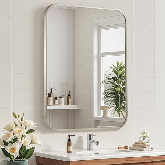 Brushed Nickel Mirror, 24"x36" Rectangle Bathroom Mirror, Metal Frame Rectangle Corner Vanity Mirror, Wall Mounted Mirror for Modern, Living Room, Bedroom, Horizontal Or Vertical