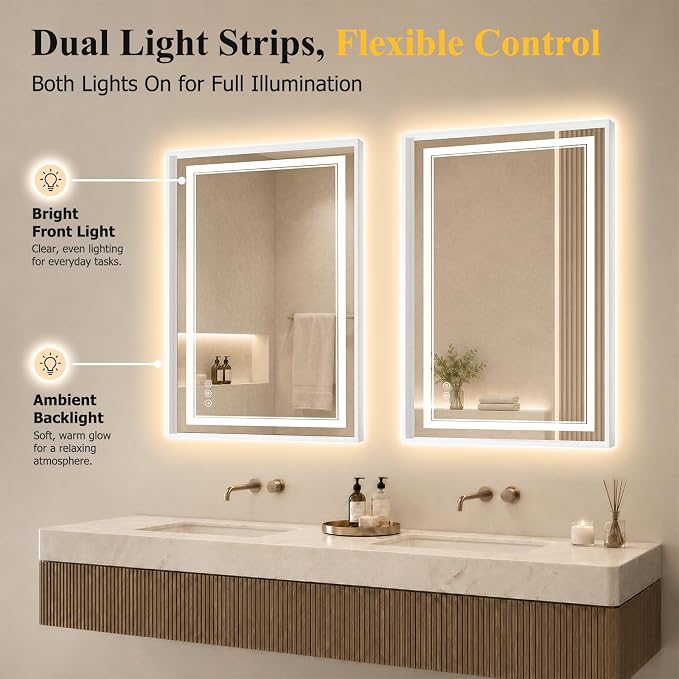24"x36" LED Bathroom Mirror with Lights, Backlit + Front Lit, Anti-Fog | Lighted Bathroom Mirror with One-Piece Aluminum Alloy Frame, HD Shatterproof Tempered Glass, Dimmable, Memory Function