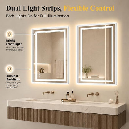 24"x36" LED Bathroom Mirror with Lights, Backlit + Front Lit, Anti-Fog | Lighted Bathroom Mirror with One-Piece Aluminum Alloy Frame, HD Shatterproof Tempered Glass, Dimmable, Memory Function