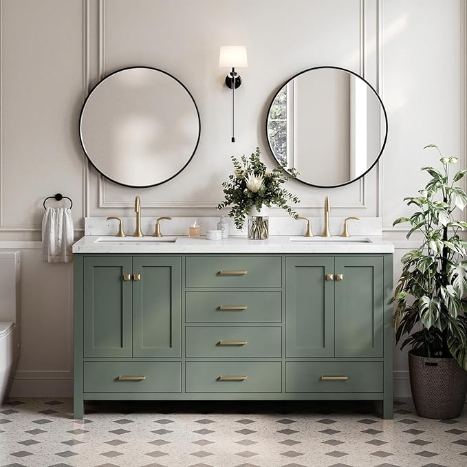 ARIEL Cambridge 66 Inch Double Rectangle Sink Bathroom Vanity with Carrara White Quartz Countertop 1.5 Inch in Vintage Green