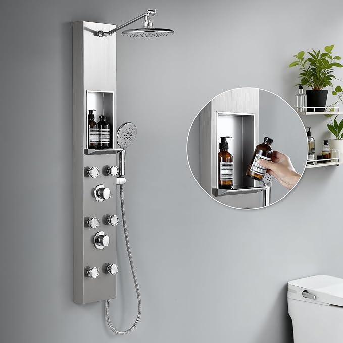 ROVATE Shower Panel Tower System with Shelf & 6 Body Jets, Brushed Finish | Stainless Steel Shower Column with Height Adjustable Shower Arm, Self-Cleaning Rainfall Showerhead & Handheld