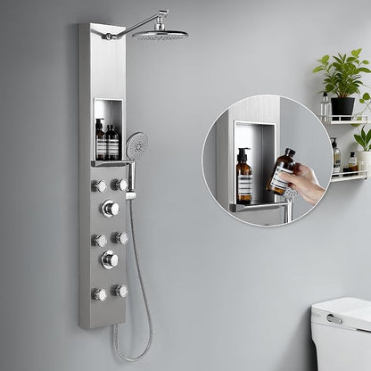 ROVATE Shower Panel Tower System with Shelf & 6 Body Jets, Brushed Finish | Stainless Steel Shower Column with Height Adjustable Shower Arm, Self-Cleaning Rainfall Showerhead & Handheld