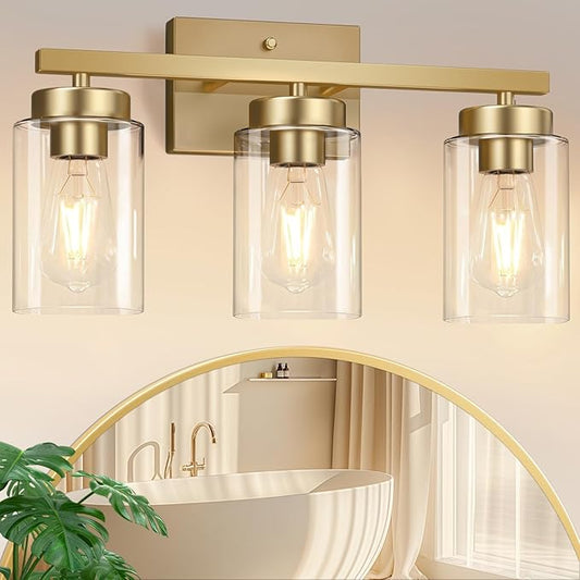 IZORRO Modern Bathroom Light Fixtures, 3 Light Brushed Gold Vanity Lights, Bathroom Lighting Fixtures Over Mirror with Clear Glass for Living Room Cabinet Bedroom
