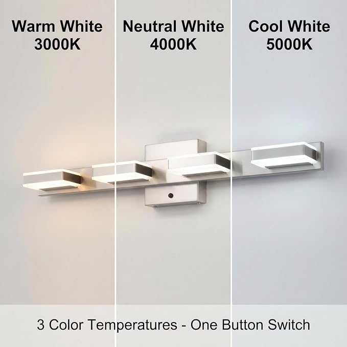 mirrea 24" 4 Light 3CCT LED Brushed Nickel Bathroom Vanity Light Fixture | Over Mirror,Bathroom lighting,3000K/4000K/5000K ,Dimmable,Rust-resistant,Moisture-resistant,Acrylic shade,Wall Mount